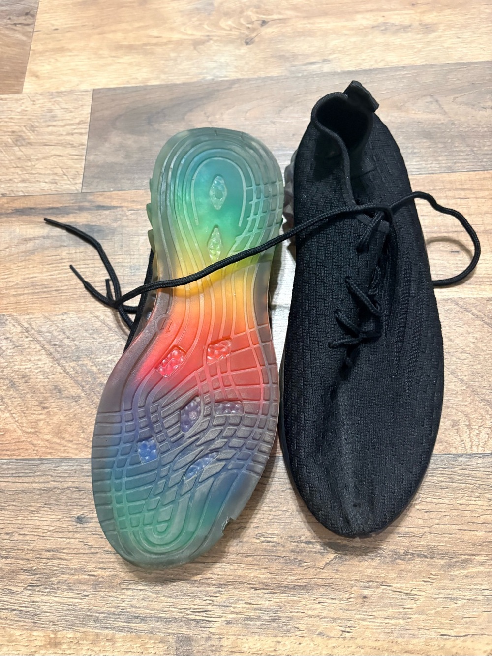 Black Knit Lace Up Sneakers Rainbow Translucent Sole Athletic Shoes